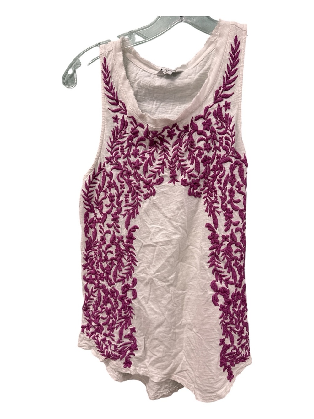 Lucky Brand White Tank Top with Magenta Floral Embroidery